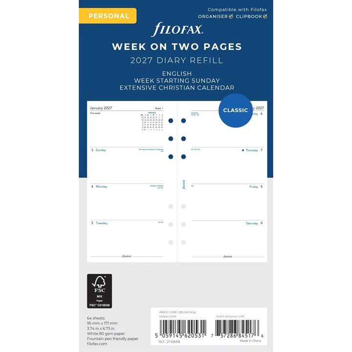 Filofax, Week To View, Sunday Start Personal Refills 2027
