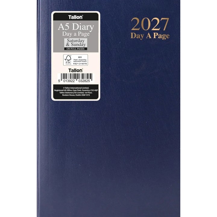 Dark Blue Hardback Day To View A5 Diary With Full Weekend 2027